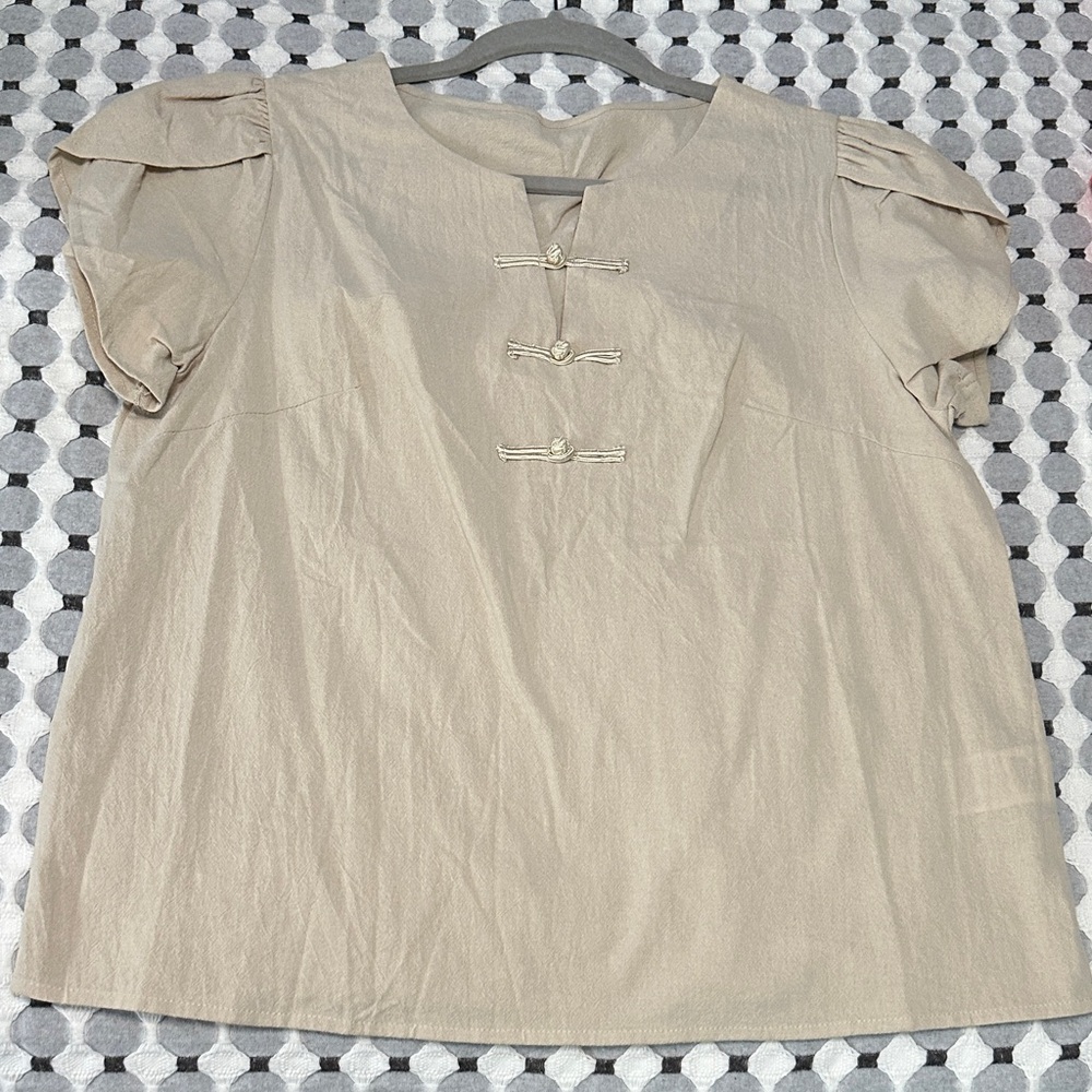 Beige Short Sleeve Blouse with Button Accents
